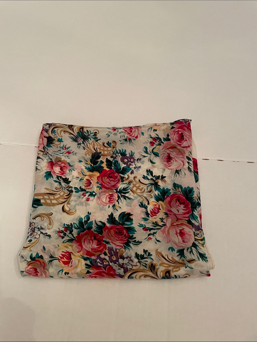 Silk Vintage  Floral Scarf in Cream and Pink